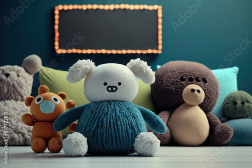 Creative children toy concept. Many teddy bears and stuffed toys cuddled sitting on the floor waiting to play. Front view. Illustration. Generative AI photo