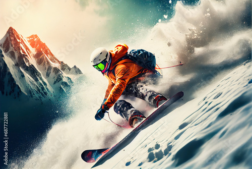 Snowboard rider doing extreme descent down the mountainside. Extreme snowboarding freeride sport. Generative AI photo