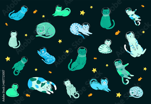 Cat astronauts illustration vector set. Cartoon cats. Alien cats in astronaut helmets. Sci-fi space stars, goldfish.