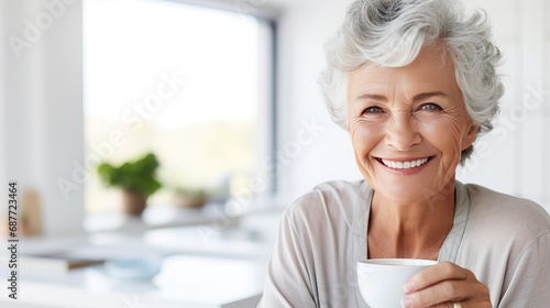 Happy beautiful relaxed mature Positive old elderly grey-haired woman drinking coffee in modern kitchen at home. Smiling stylish middle aged lady from 60s enjoying relaxing with mug of hot drink