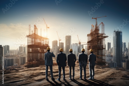 Builder concept. Real estate investment, builders businessmen, investors architects, making a plan for future construction, planning for the next time, high-rise skyscrapers, big project