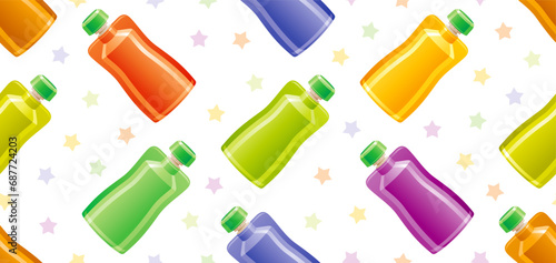 Baby food pattern. Plastic package seamless pattern. Vector doypack icons. Doy bottles. Nutrition feed illustration. Cute children pack for fruit, porridge, milk, vegetable. Canned baby meal pattern