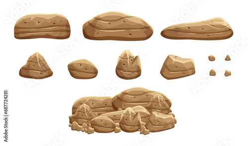 A set of brown stones or rocks vector illustrations for 2d game assets. Brown boulders 2d game objects and backgrounds. Illustration of cartoon style rock stones or boulders.