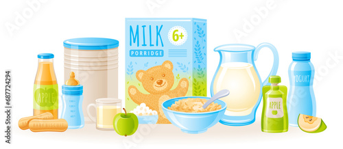 Baby food vector illustration. Milk porridge bowl with spoon, yogurt, juice bottle, apple fruit, puree box, kids biscuit icon set. Healthy nutrition baby food. 3d Complementary product illustration