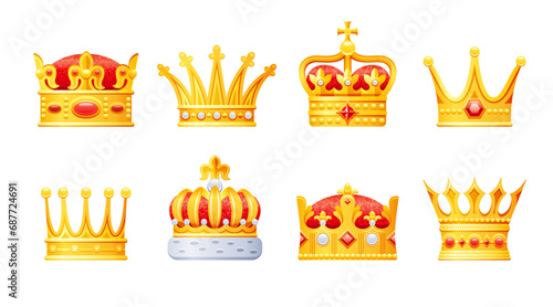  rown emoji. Vector icon. Flat king game trophy. 3d tournament badge. Gold king, queen, prince, princess crowns. Cartoon ui set. Golden medieval design. Imperial royal tiara. Game winner achievement
