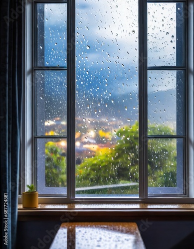 Raining outside  rain drops on window  summer rain background