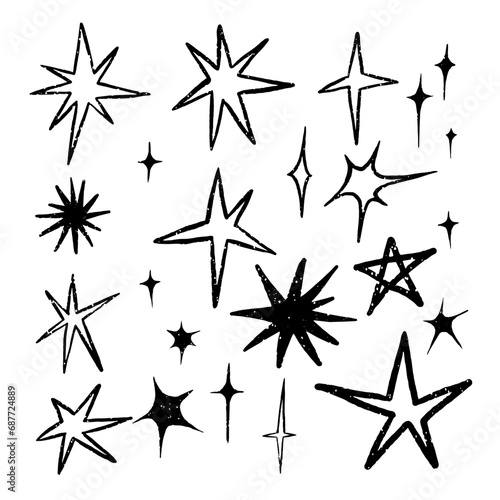 Set of stars. Collection of simple hand drawn stars. Drawn with brush. Grunge stars isolated on white background 