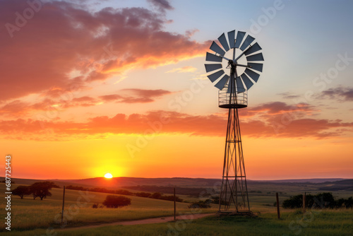 Old windmill in the field at sunset.generative ai

