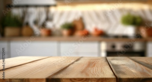 Empty wooden kitchen table with space to display product or copy/text © D'Arcangelo Stock