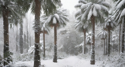 Snow covered palms, winter landscape, palms after snowfall