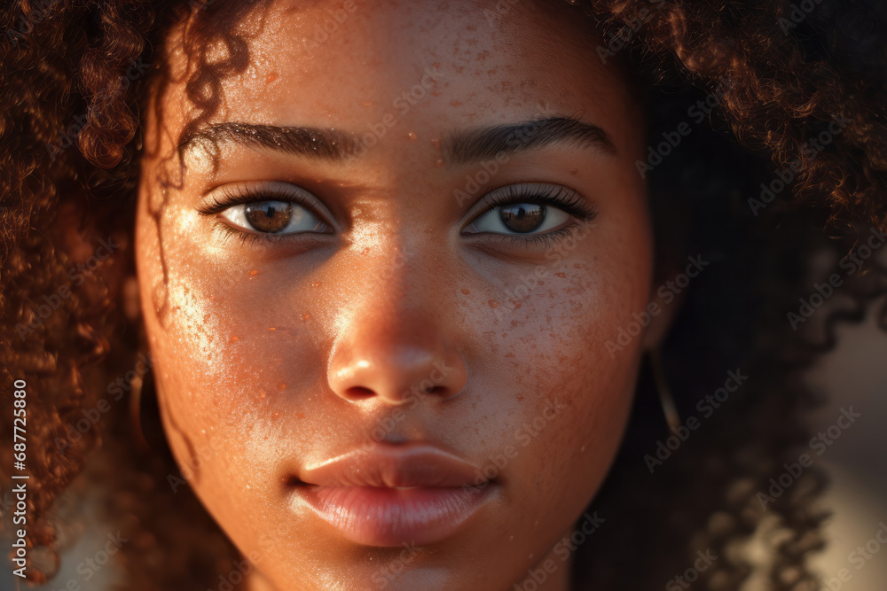 A calm, beautiful, African-American woman with thick curly hair, looking straight into the camera, posing on the street. Attractive, focused young adult gene with a woman's face.generative ai