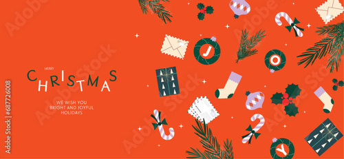 Merry Christmas and Happy New Year greeting card, poster, holiday cover. Modern Xmas design with typography, candy cane, berry, gift, christmas trees and balls. Minimal Invitation card, banner, flyer.