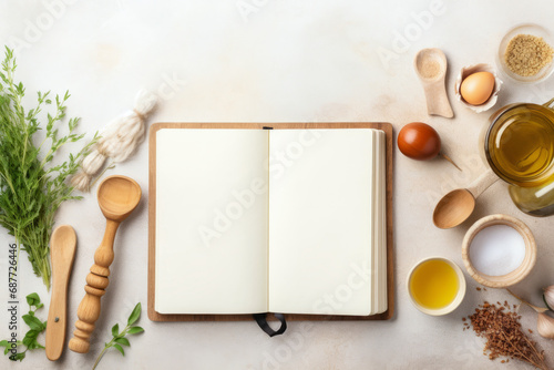 Blank cookbook for recipes with white pages and items of vegetables, ingredients and wooden kitchen utensils on the table, top view.generative ai
