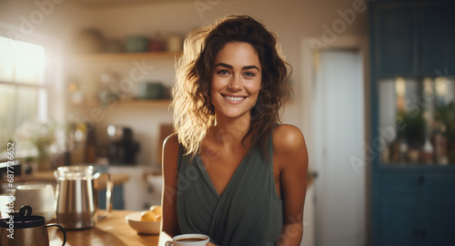 smiling woman with coffee in cozy, well-equipped kitchen