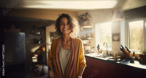 smiling woman in cozy, well-equipped kitchen