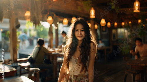 smiling woman in summer dress enjoying lively restaurant or bar ambiance  fictional location