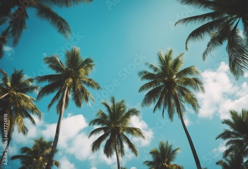 Blue sky and palm trees view from below vintage style tropical beach and summer background travel