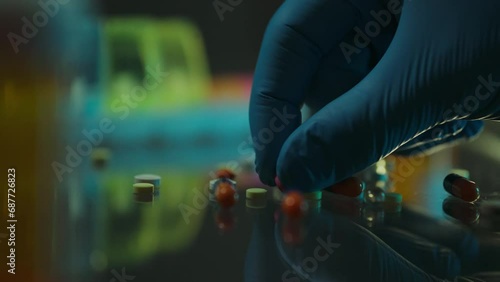 Vitamin. A doctor of microbiology in protective gloves happily looks at the drugs in the testing center. Microbiology specialist touches tablets modern experimental methods, bioanalysis photo