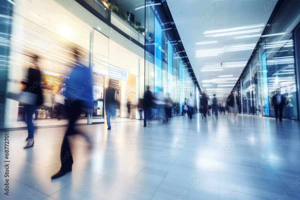 Anonymous blurred business people rush through a trade fair hall, airport or large office and company. the motive of rushing to work.generative ai
Anonymous blurred business people rush through a trade fair hall, airport or large office and company. the motive of rushing to work.generative ai