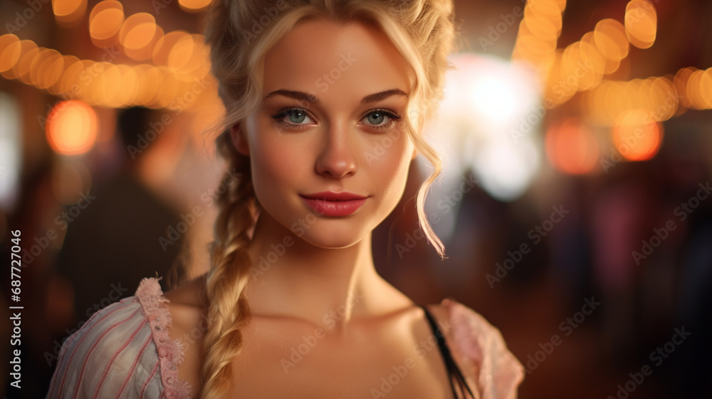 young adult german woman, wears Dirndl, Bavaria Oktoberfest, happy blonde woman, 20s, fictional location