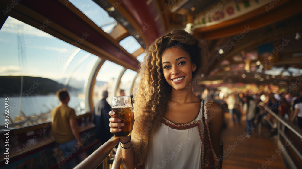 young adult multiracial woman, wears Dirndl, Bavaria Oktoberfest, happy blonde woman, 20s, fictional location