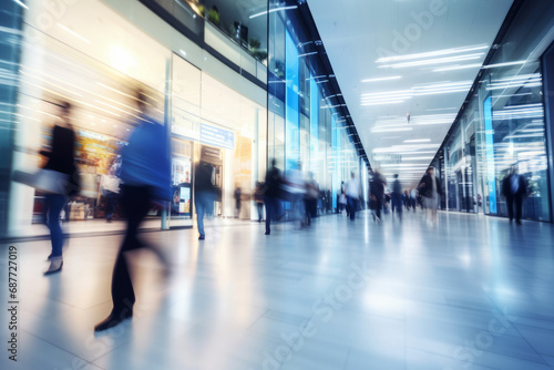 Anonymous blurred business people rush through a trade fair hall, airport or large office and company. the motive of rushing to work.generative ai 