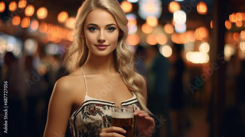young adult german woman, wears Dirndl, Bavaria Oktoberfest, happy blonde woman, 20s, fictional location photo