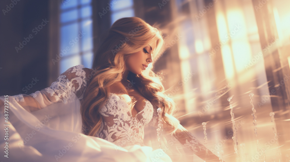 blonde woman in white dress by a window, exuding serenity blonde woman in white dress by a window, exuding serenity