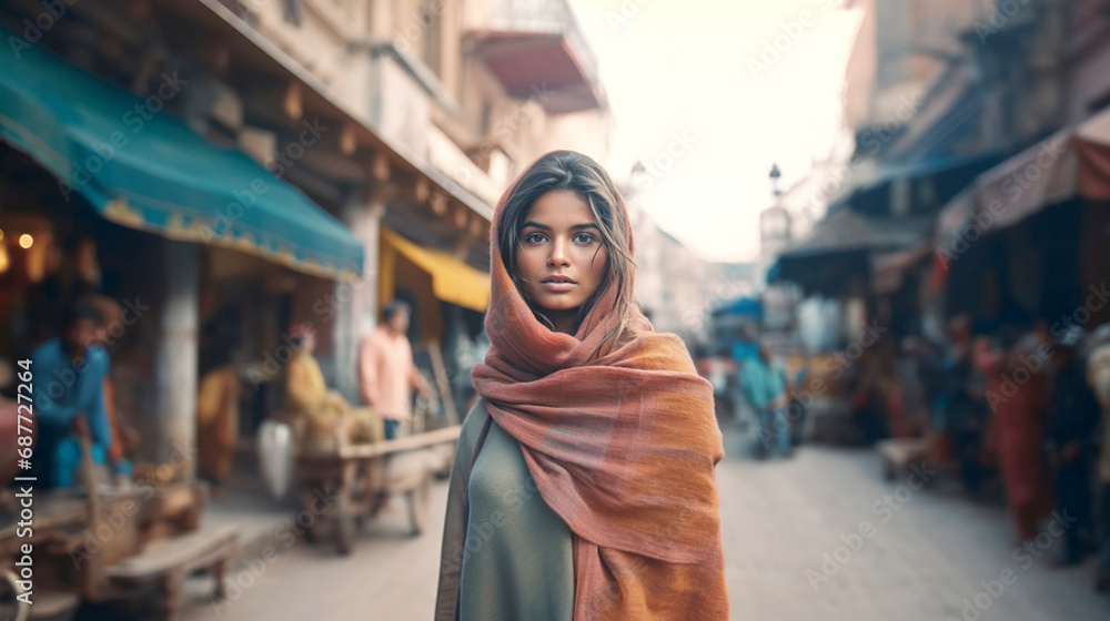 young woman in red scarf standing in bustling street, curious and observant amidst lively marketplace atmosphere, fictional location young woman in red scarf standing in bustling street, curious and observant amidst lively marketplace atmosphere, fictional location