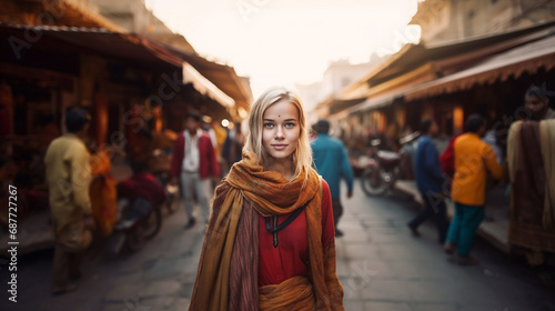 young woman in red scarf standing in bustling street, curious and observant amidst lively marketplace atmosphere, fictional location