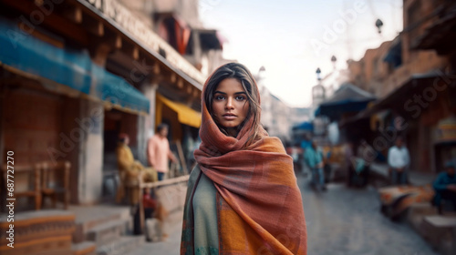 woman in headscarf stands in busy street market, elegant attire, lively atmosphere with diverse people, content and at ease, fictional location