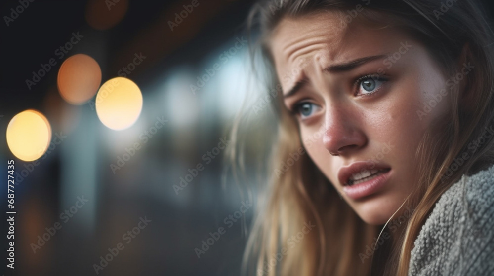 Obraz premium sad woman in dark room or alley, contemplative or distressed, nighttime atmosphere, frown, gray sweater, mysterious mood
