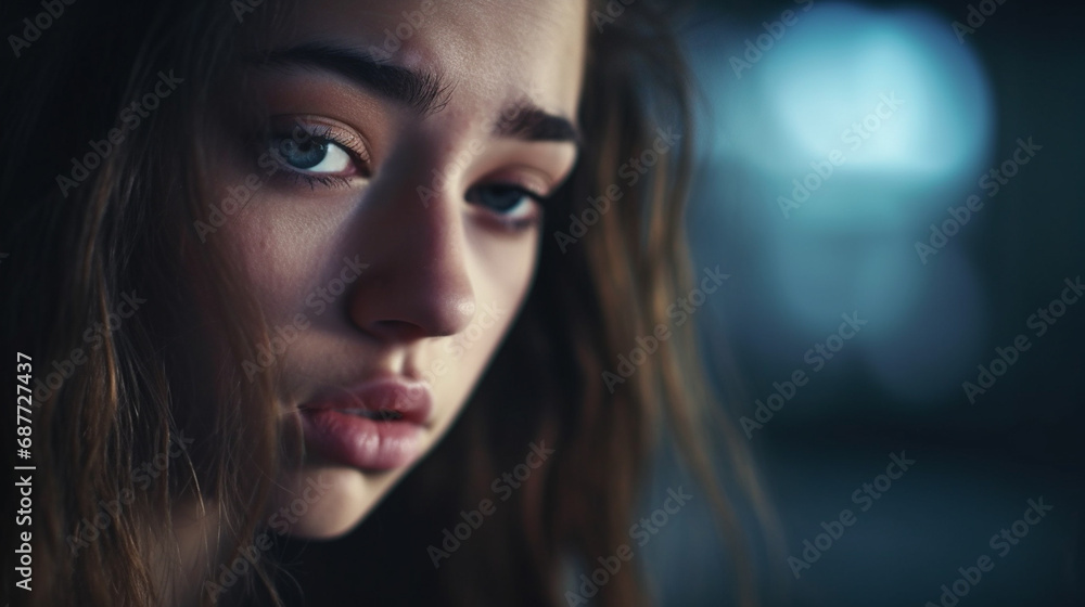 young woman at night, sad and worried, bad day, homeless or alone, detailed focus on facial expression young woman at night, sad and worried, bad day, homeless or alone, detailed focus on facial expression