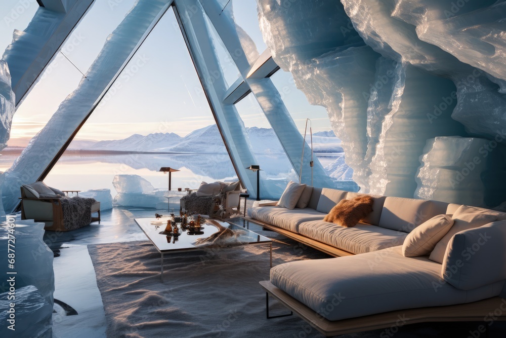 A house of the future built in an iceberg in Anarctica. Future living: innovative house within antarctic iceberg - sustainable design and isolation in the frozen wilderness. - obrazy, fototapety, plakaty 