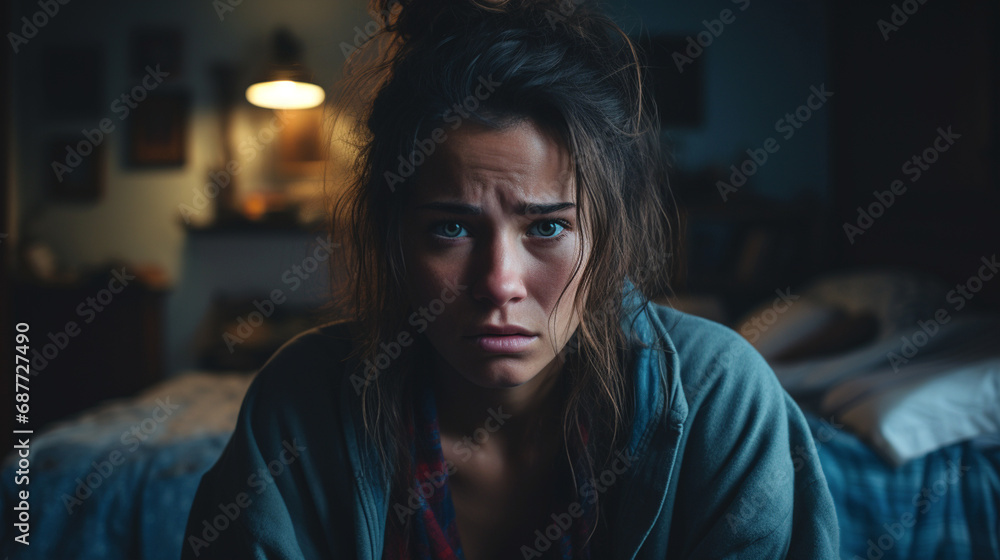depressed caucasian woman in 20s or 30s, early evening bedroom, mental problems, despair, disappointment depressed caucasian woman in 20s or 30s, early evening bedroom, mental problems, despair, disappointment