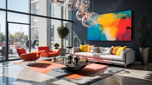 wide angle shot of a modern florida luxury condo living room with vibrant modern funiture and amazing wall art, 16:9