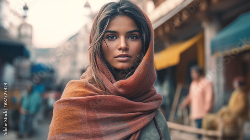 woman in scarf walks in bus...