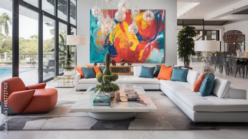 wide angle shot of a modern florida luxury condo living room with vibrant modern funiture and amazing wall art, 16:9 photo