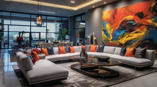 wide angle shot of a modern florida luxury condo living room with vibrant modern funiture and amazing wall art, 16:9