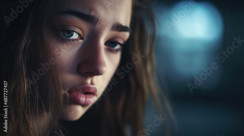 young woman at night, sad and worried, bad day, homeless or alone, detailed focus on facial expression
