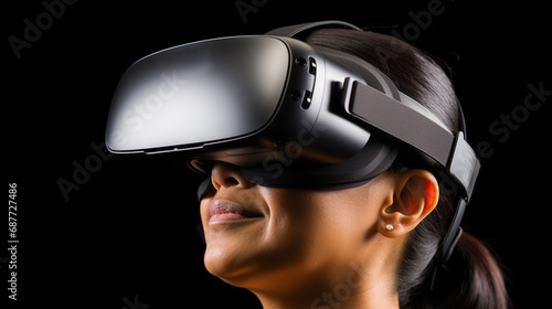 young woman in VR headset, black, immersed in virtual world, Asian ethnicity, concentration, curiosity, dark room, exciting exploration © wetzkaz