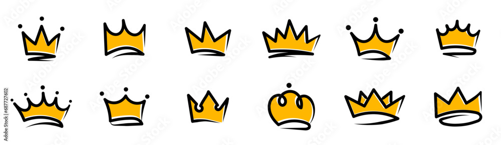 Crowns hand drawn icon set. Doodle crown collection. Gold crown sketch. Queen or king crowns. Vector illustration. Crowns hand drawn icon set. Doodle crown collection. Gold crown sketch. Queen or king crowns. Vector illustration.