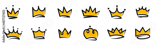 Crowns hand drawn icon set. Doodle crown collection. Gold crown sketch. Queen or king crowns. Vector illustration.