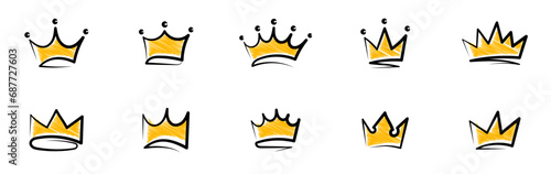 Crowns hand drawn icon set. Doodle crown collection. Gold crown sketch. Queen or king crowns. Vector illustration. photo
