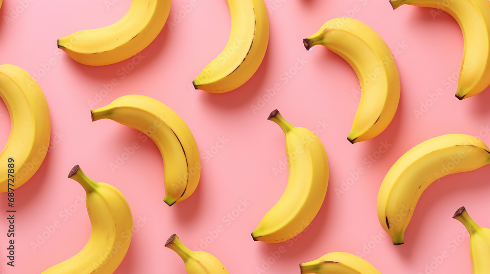 Fresh yellow bananas on a pink background, arranged in a creative pattern. Healthy fruit concept. Fresh yellow bananas on a pink background, arranged in a creative pattern. Healthy fruit concept.