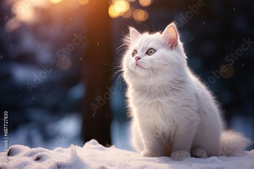 White little kitten sitting on the street in the snow in winter with sunlight in the background.generative ai