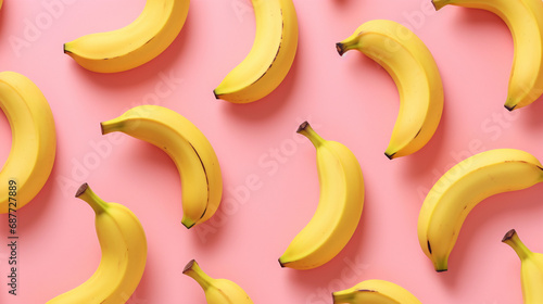 Fresh yellow bananas on a pink background, arranged in a creative pattern. Healthy fruit concept.