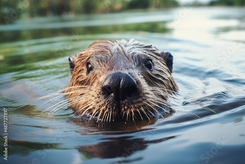 The head of a wet beaver sticking out of the river water, a very close view, a swimming beaver looking at the camera.generative ai © Ivan