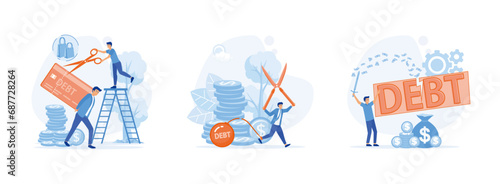 Credit Card Debt. Businessman use pliers to cut the chain and free himself from debt metal ball. Reduce, slice and get rid of debt. Cut debt set flat vector modern illustration