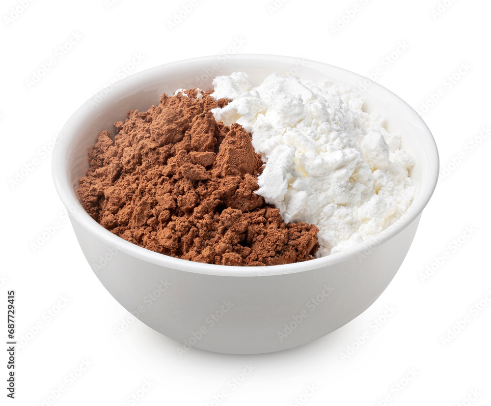 Flour and cocoa powder mix isolated on white background Flour and cocoa powder mix isolated on white background